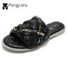 Fashion Bling Bling Crystal Flat Slippers Woman Brand Designer Knitted&Chains Flip Flops Shoes Ladies Beach Sandals Comfy Plaid Slides