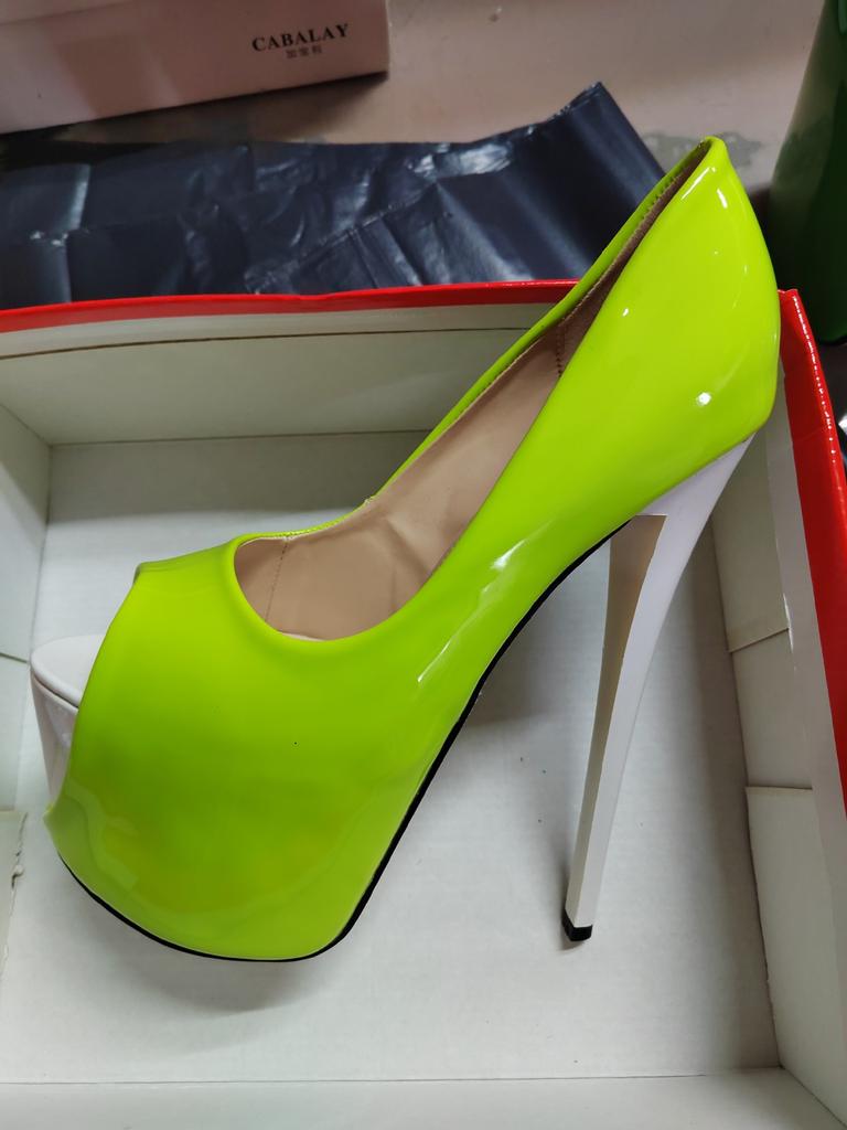 2026 new color matching outer height thin heel 19cm candy color patent leather fish mouth large size women's shoes hate sky high heels