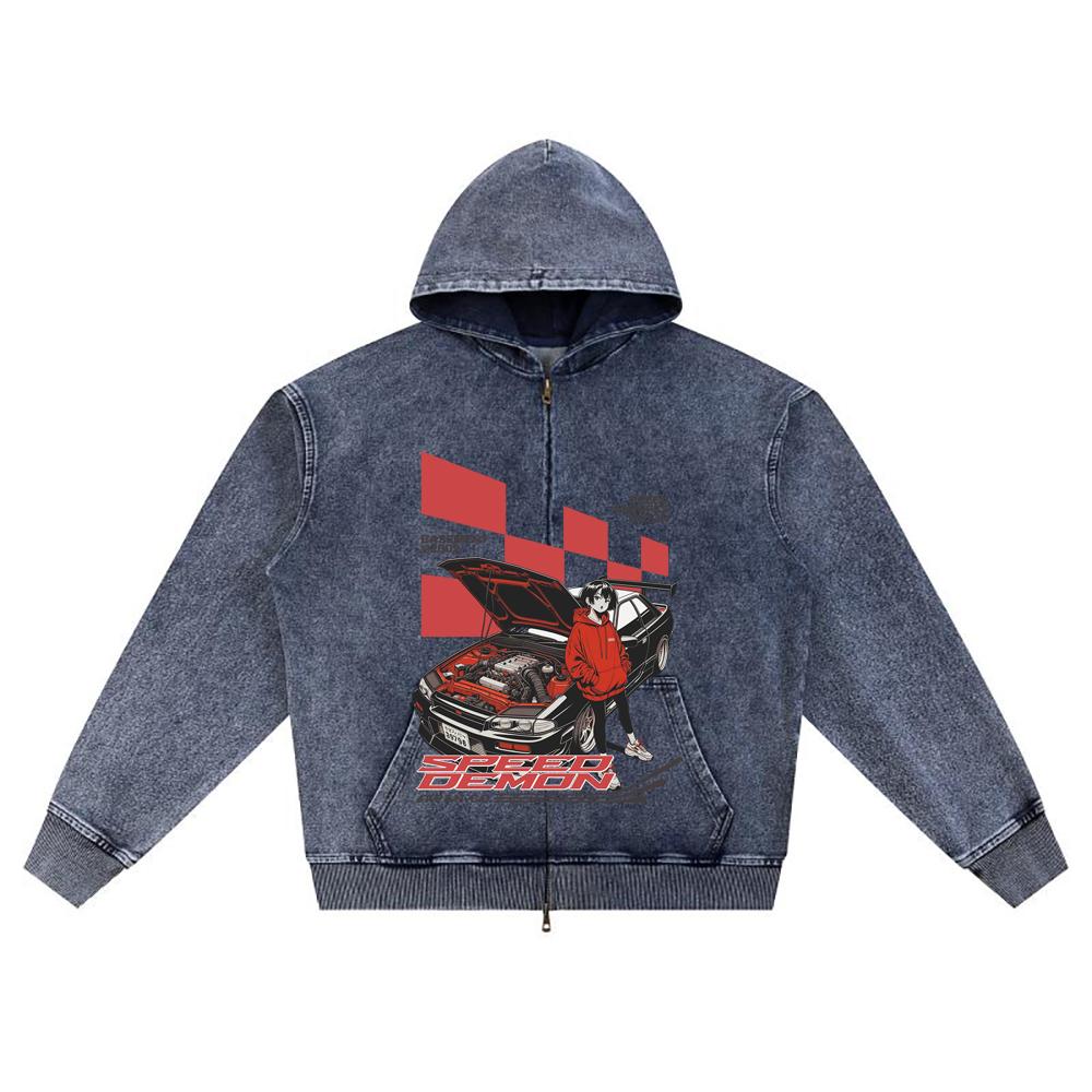 

DTG print Knitted Denim Zip-Up Hoodie Racing Car Graphic Brother Print Zipper Hoodies XL темно-синього кольору