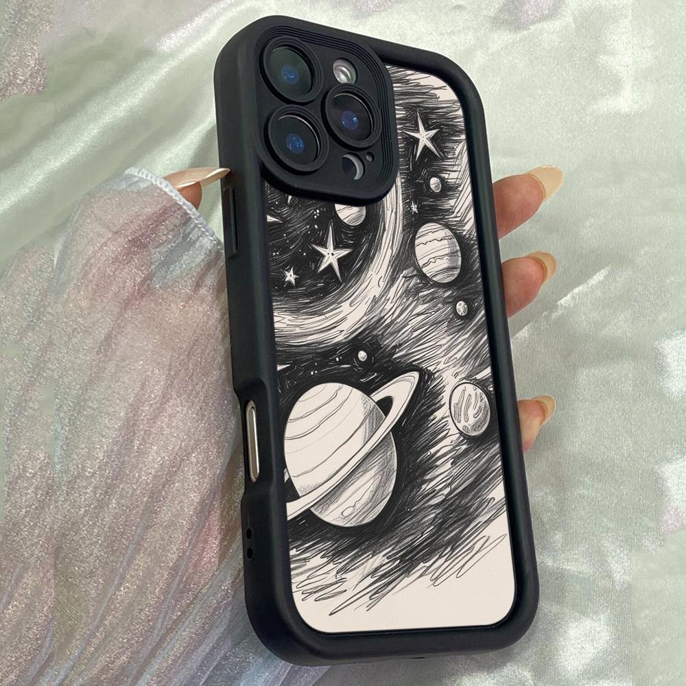 JT572 White and balck art of space for iPhone 17 16 15 14 13 12 Pro Max Samsung S26 S25 Ultra A17 A07 A56 A16 A15 Xiaomi 15T Redmi 15c 14C Soft Case