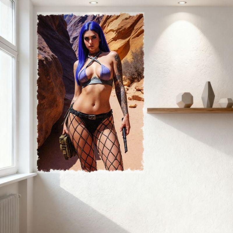 Mujer Sexy de Cabello Largo Azul Brillante en Bikini Morado Cañón Desértico Letrero de Estaño Póster Metálico Vintage para Bar Pub Cafetería Hogar Decoración de Pared 8