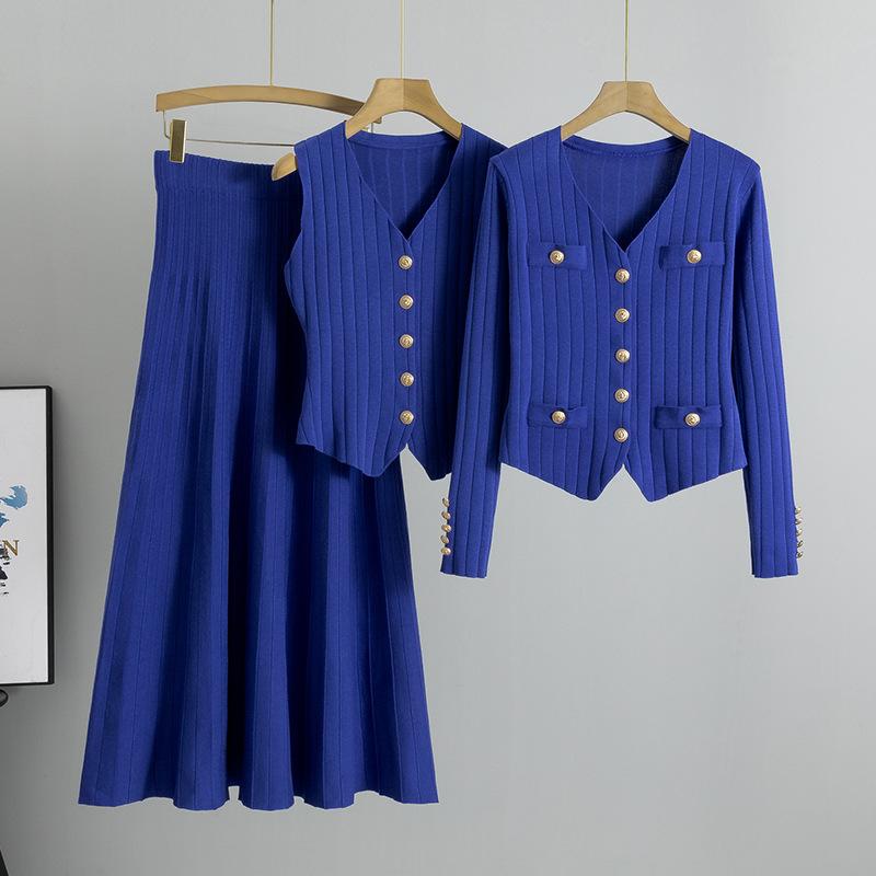 Half Skirt Sweater Three Piece Set For Women's Pants Suit  Autumn And Summer Vest Knitted Cardigan Set
