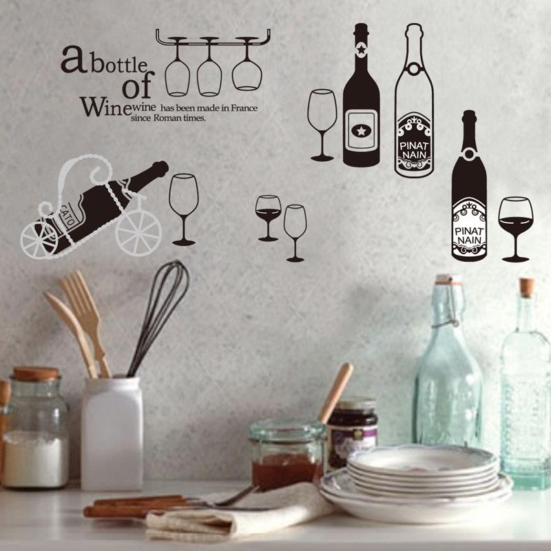Self Adhesive Black Glass Wine Bottle Wall Sticker Removable Vinyl Decal for Kitchen Bar Cafe Home Decor