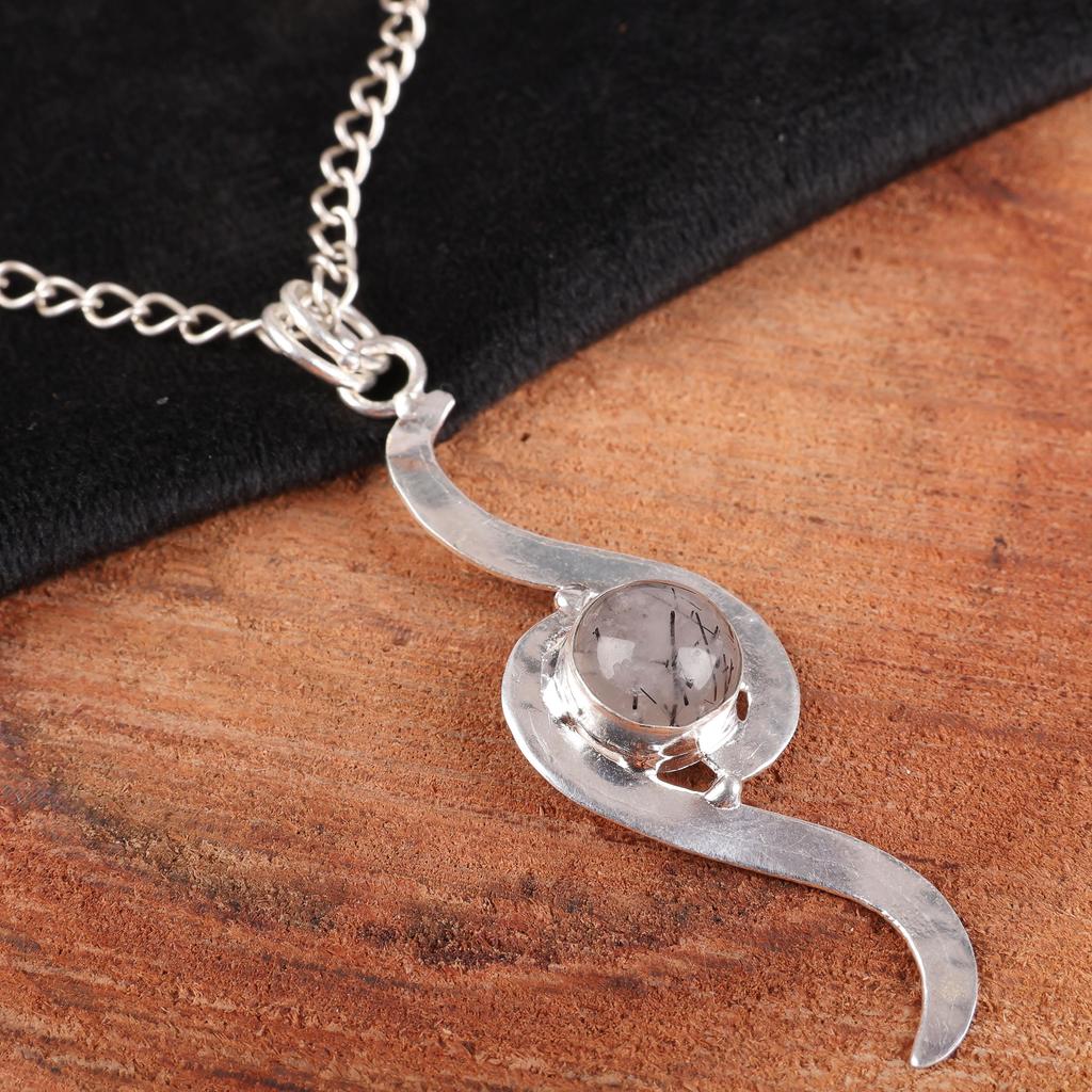 Black Rutile Pendant, 925 Solid Sterling Silver Gemstone Jewelry, Handmade Pendant, For Wedding Gift