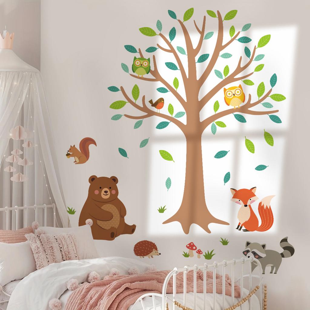 Cartoon Waldtier Baum Wandaufkleber für Kinderzimmer Schlafzimmer Wanddekoration