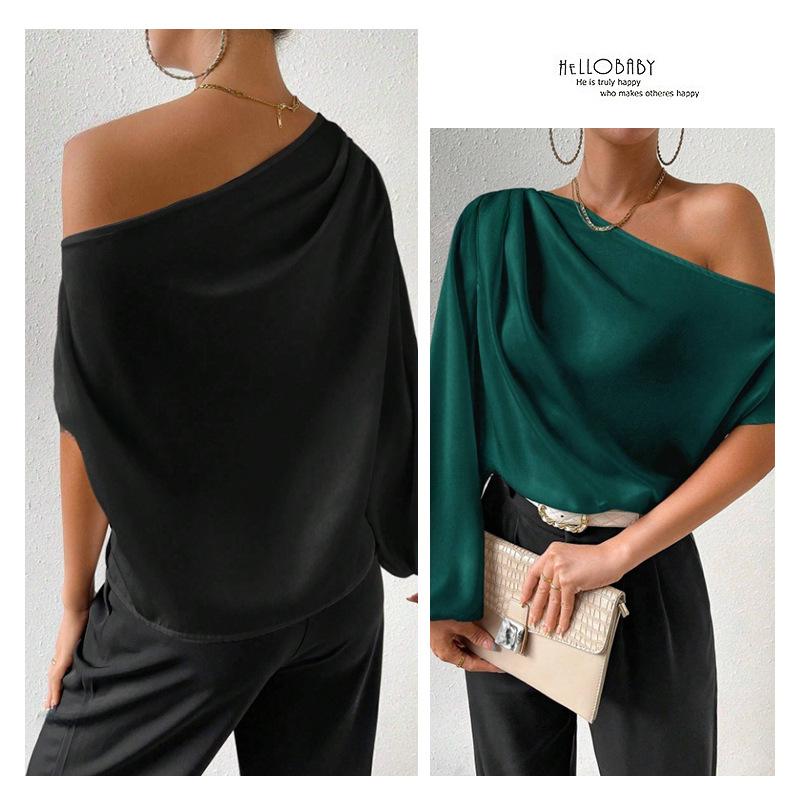 Damen Schrägschulter Langarm Unifarbenes Shirt Sexy Schulterfrei Lockeres Temperament Satinblusen & -hemden