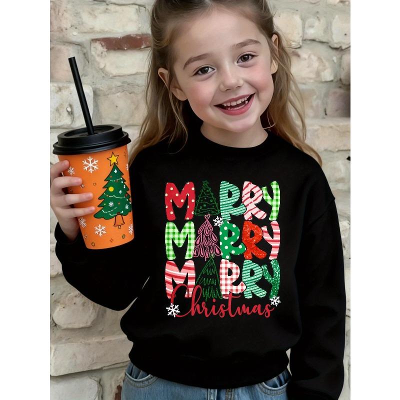 European sizes Kids Long Sleeve Christmas Sweater Black Merry Merry Merry Christmas with Colorful Tree and Snowflake Print 110