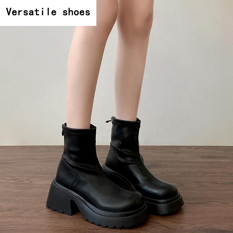 Klobige Damen Slim Stiefeletten Mode Elegant Reißverschluss hinten Schuhe Dicker Hoher Absatz Damen Morder Kurze Stiefeletten