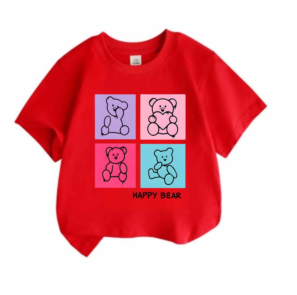 Kids Boys Girls 100% Cotton Short Sleeve Crew Neck T-Shirt, Cute Happy Bear Graphic Print Soft Casual Tee for Children Daily Wear