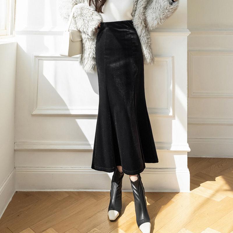 Autumn Winter Corduroy Women Clothing Elegant Mermaid Skirt High Waist Bag Hip Solid Color Aesthetic England All Match Skirt