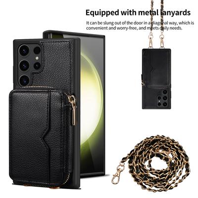 Módní originální kožený zadní kryt na zip pro Samsung S23 Ultra S22 Plus 5G Crossbody peněženka ramenní popruh nárazuvzdorné pouzdro