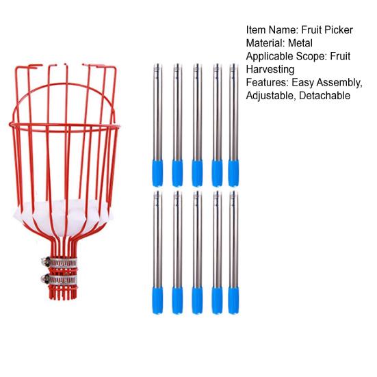 Fruit Picker with Basket Stainless Steel Segmented Long Handle Fruit Harvesting Tool