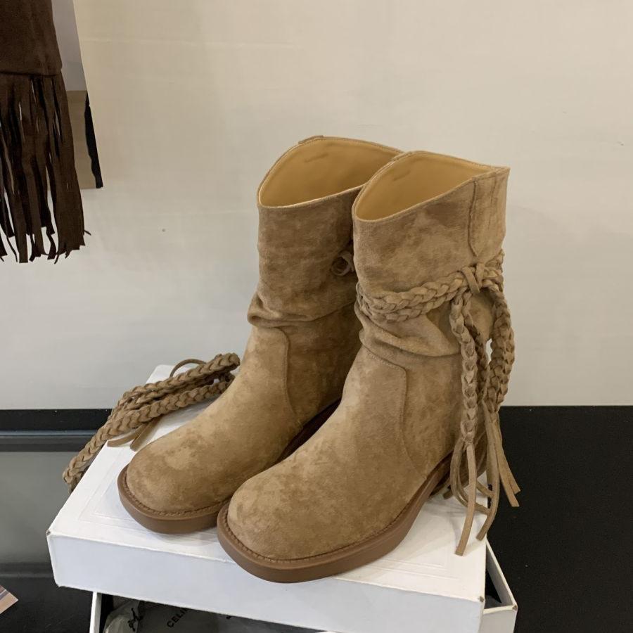 2025 New Retro Wasteland Wind Fringed Knight Boots Women's Autumn Thick Heel Woven Strap Versatile Fashion Mid Boots