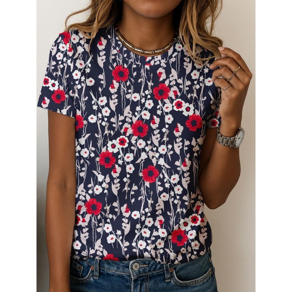 

Повседневная футболка с принтом растений в стиле ретро, женская футболка с круглым вырезом и короткими рукавами с цифровой печатью XXL синий