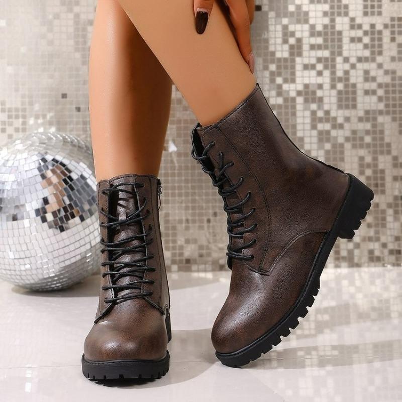 

Lace-up Block Heel Booties Fashion Round Toe Side Zipper Soft Sole Non-slip Soft Sole Leather Shoes 43 коричневий