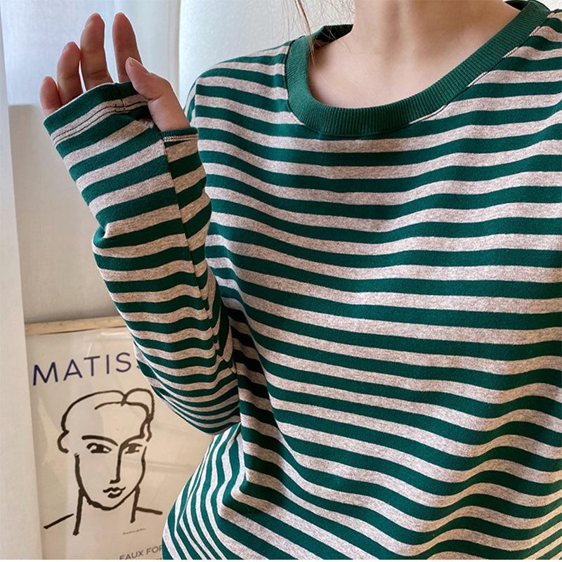 O-neck Long Sleeve Female Cotton Tees Spring Summer Ladies Striped T-shirs Casual Loose Women Pullovers Tops
