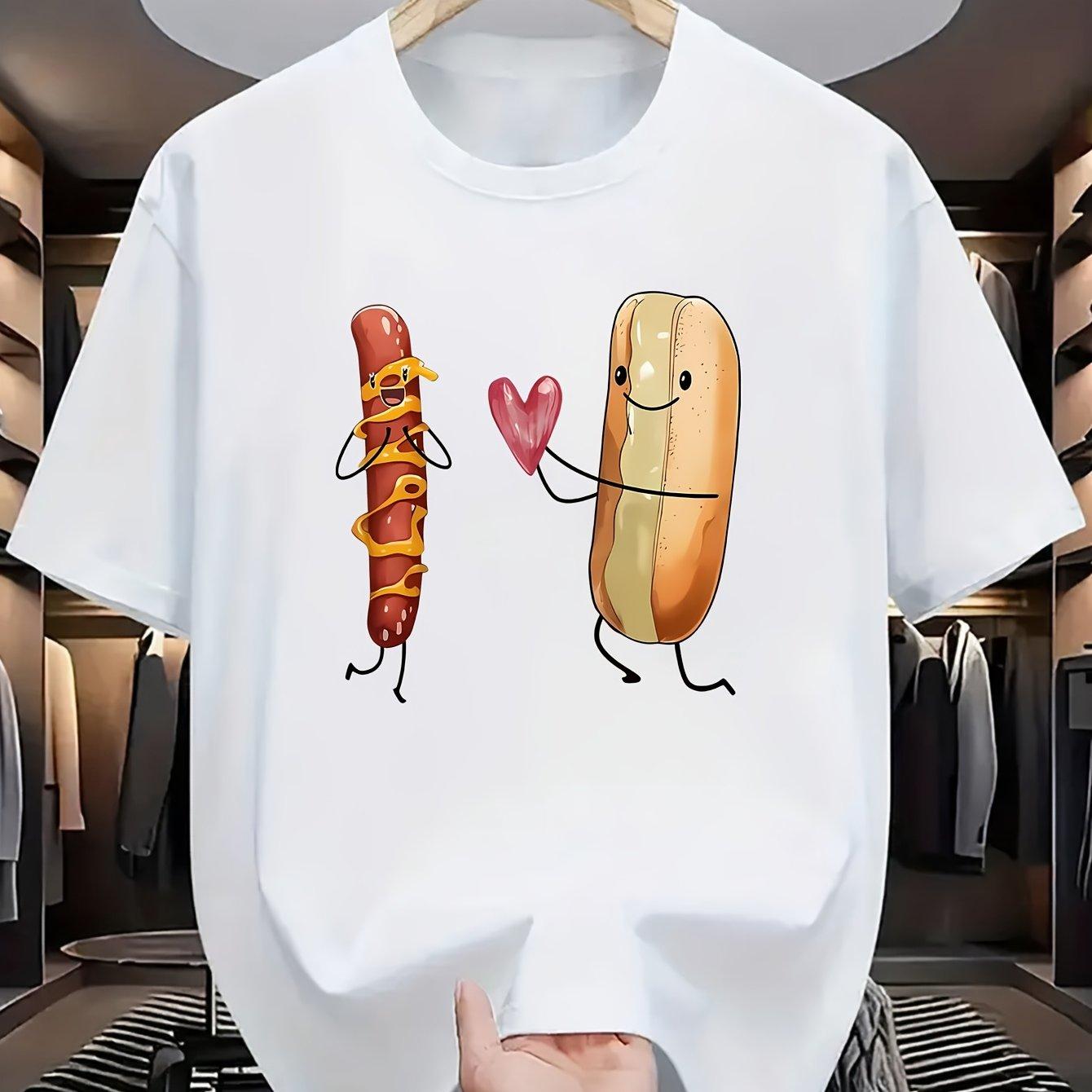 Hot Dog Love Heart Graphic Tee Men Casual Short Sleeve Crew Neck Cotton TShirt Summer Wear S