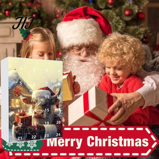 Christmas Tree Pendant Decoration Set Advent Calendar, 24 Day Countdown Box with Highland Cow Creative Souvenir for Family Acrylic Pendants,