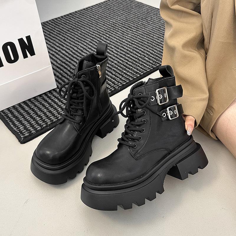 Fashion Comemore New Fashion Ankle Boots Female Belt Buckle Solid Color Autumn Thick Bottom Women Shoe Lace-up Middle Heel Botines Mijer