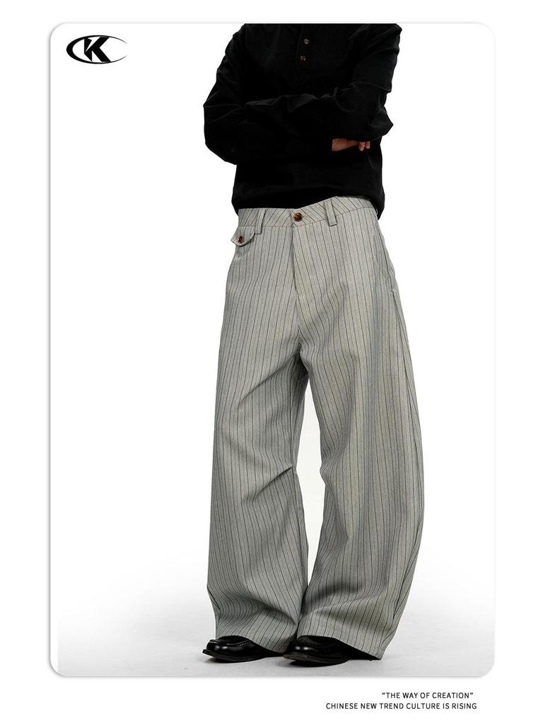 11KN Retro Gray Striped Wide-Leg Suit Pants for Men and Women - Versatile, Trendy, and Slimming Casual Wear