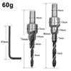 2PC Two Edge Three Step Woodworking Three Point Countersunk Hole Drill 4/5mm Self Centering Cone Hole Drill Bit Wrench Tool Set