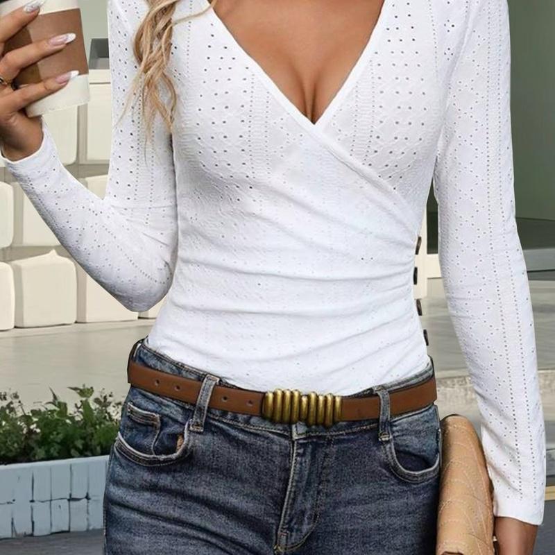 European Style Spring and Summer V-Neck Tight Fit Elegant Long Sleeve Women Clothing T-Shirt XXL