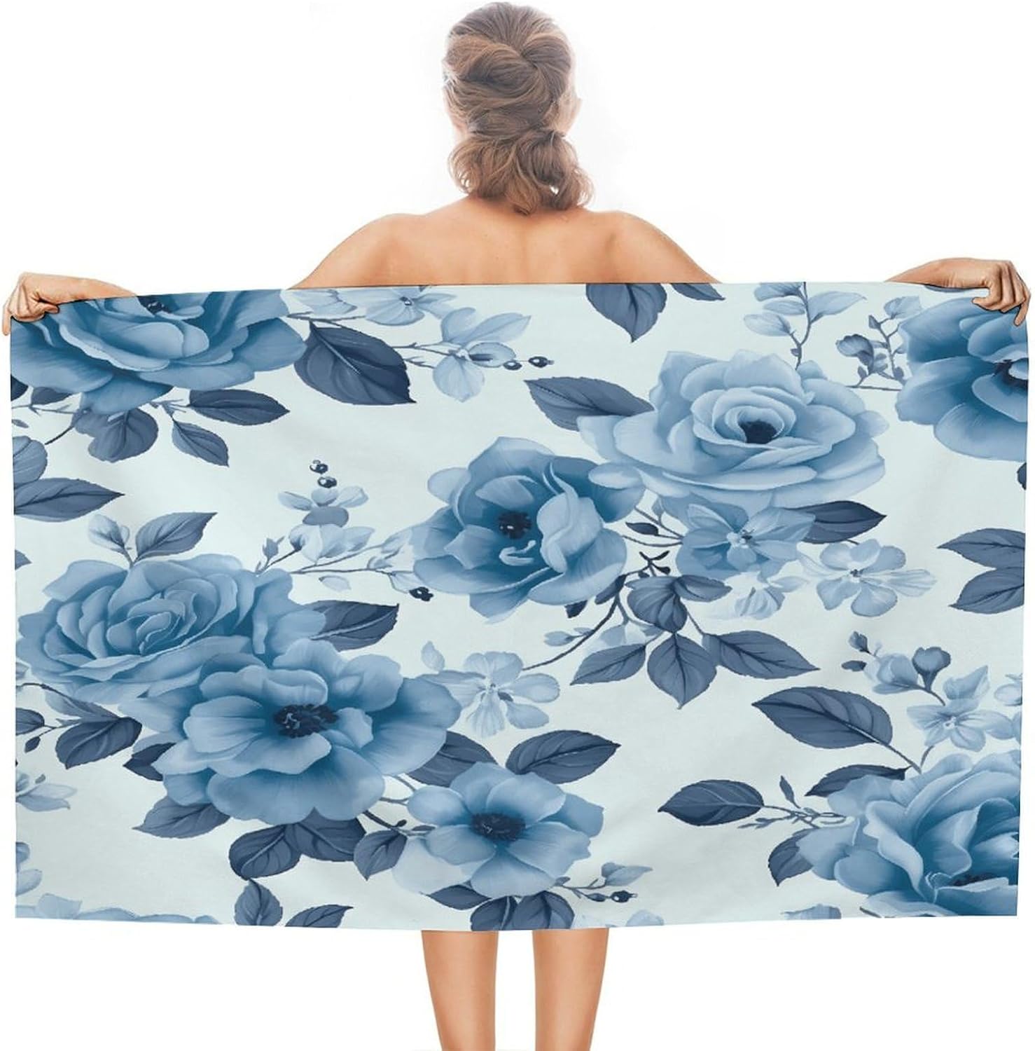 

Artistic Blue Flower Roses Beach Towel, Summer Floral Pattern Quick Dry Absorbent, Large Sand Proof Travel Pool Essentials W30*H60(CM)