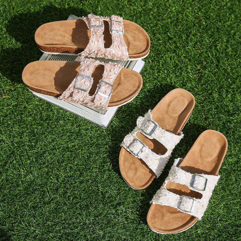 2025 summer fashion rhinestone, foreign trade flat bottom Boken flat bottom soft bottom wood water pine slippers women