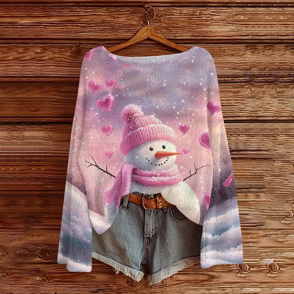 Women's Fashion Christmas Print Lightweight Sweater Casual Long-Sleeve Knit Pullover Top