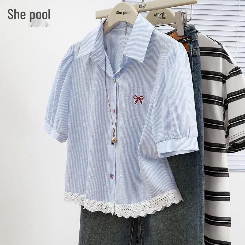 Women s Striped Bow-tie Short Sleeve Blouse with Lace Trim L