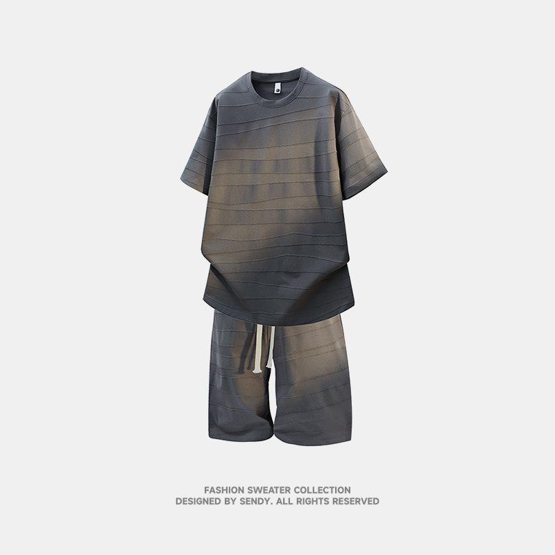 Trendy Men s Summer Jacquard Short Sleeve Round Neck T-shirt Set M темно-серого