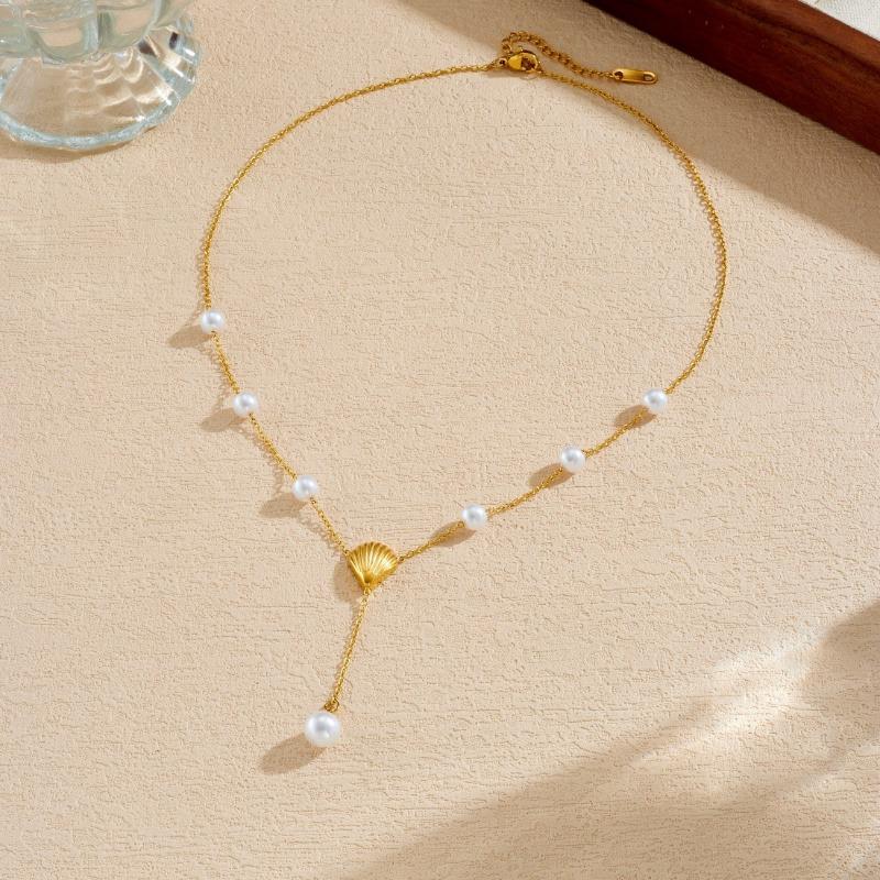 Gold Plated Shell Pearl Y Drop Lariat Necklace золотой