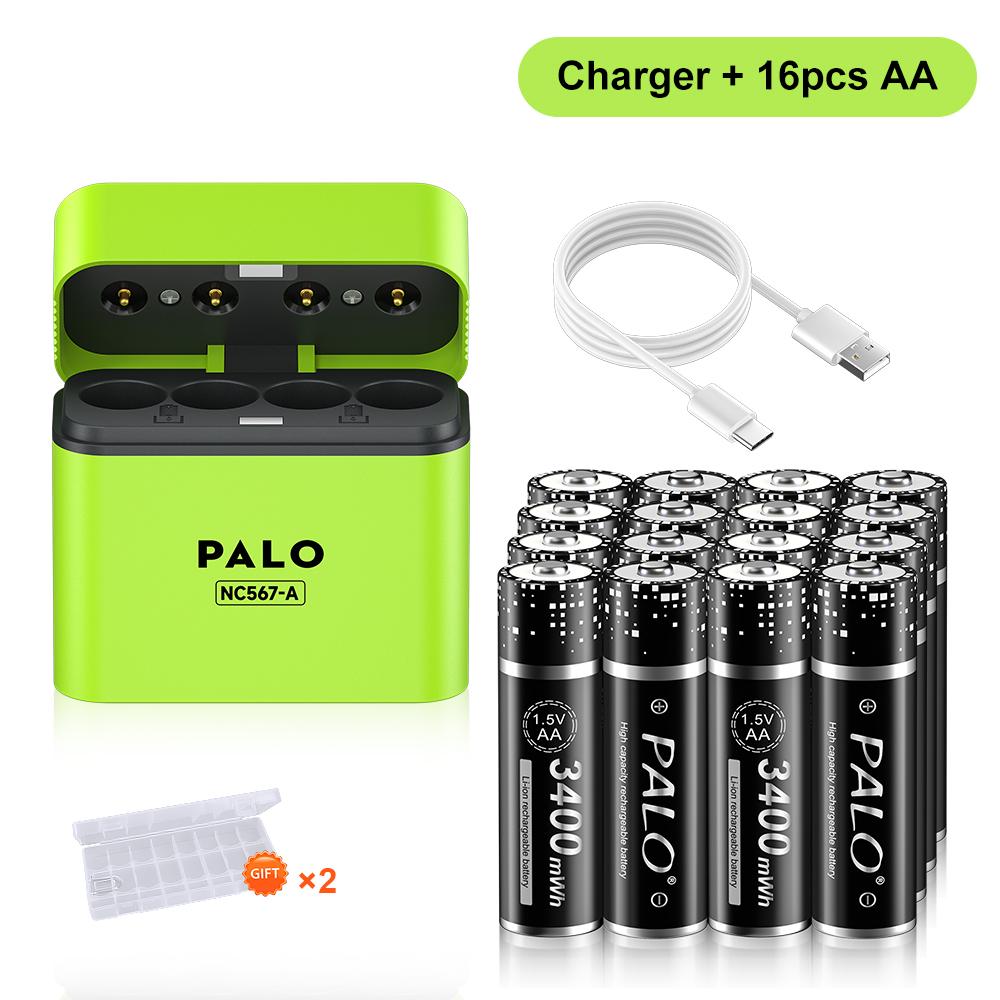 

PALO AA 1.5V Перезаряжаемые литиевые батарейки 3400мВтч 1.5V Li-ion AA Батарейка Интеллектуальный зарядный бокс с дата-кабелем TYPE-C 16AAbattery 1charger