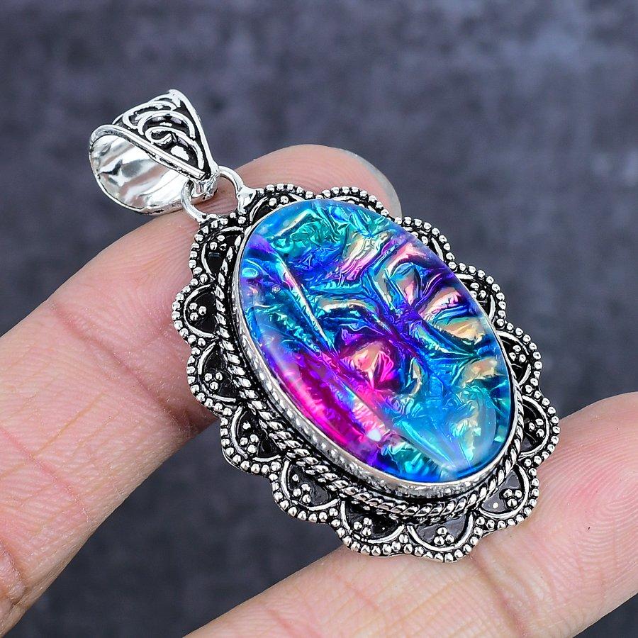 Natural Dichroic Glass Gemstone 925 Sterling Silver Jewelry Pendant 2.17" ETC-14068