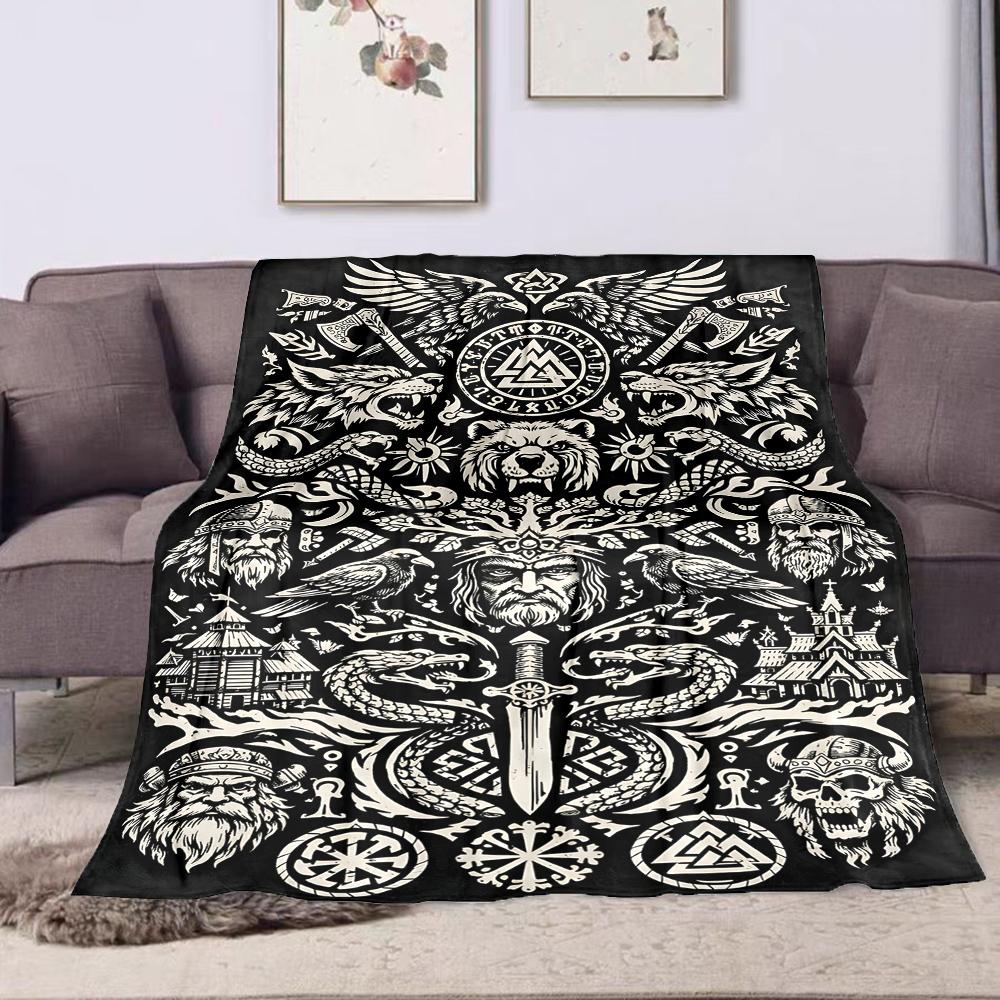 "Viking Symbols and Norse Myth Design" Patterned flannel blanket perfect for the bedroom living room, sofa, or a little nap