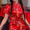 Oversize Qipao Red Dragon Mini Cheongsam Women Satin Vestidos Chinese Style Dresses Vintage Mandarin Collar Qipao