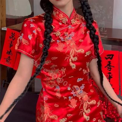 Qipao Oversize Drago Rosso Mini Cheongsam Donna Gilet di Raso Vestiti Stile Cinese Abiti Vintage Colletto alla Mandarina Qipao