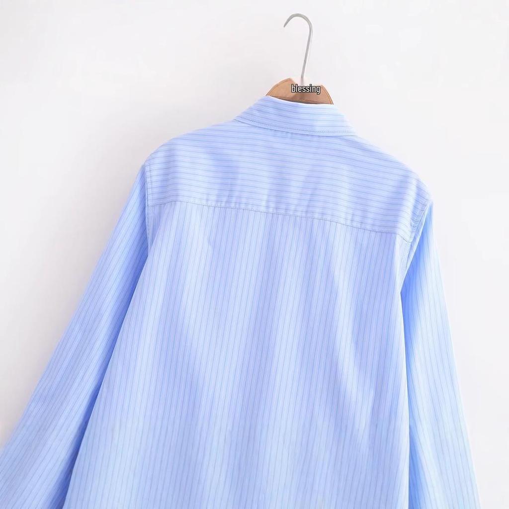 Spring 2025 Women's European-American Striped Poplin Long Sleeve Shirt with Turn-Down Collar
