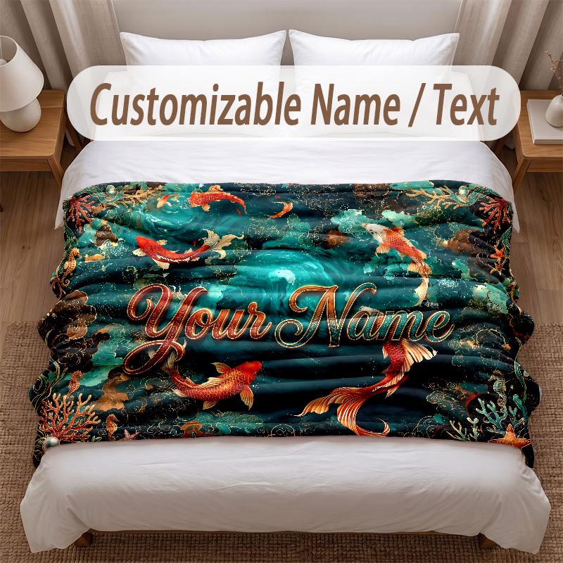 Fish Ocean Theme Soft Blanket Personalized Custom Name Text Print Warm Blanket Home Sofa Bedroom Decor