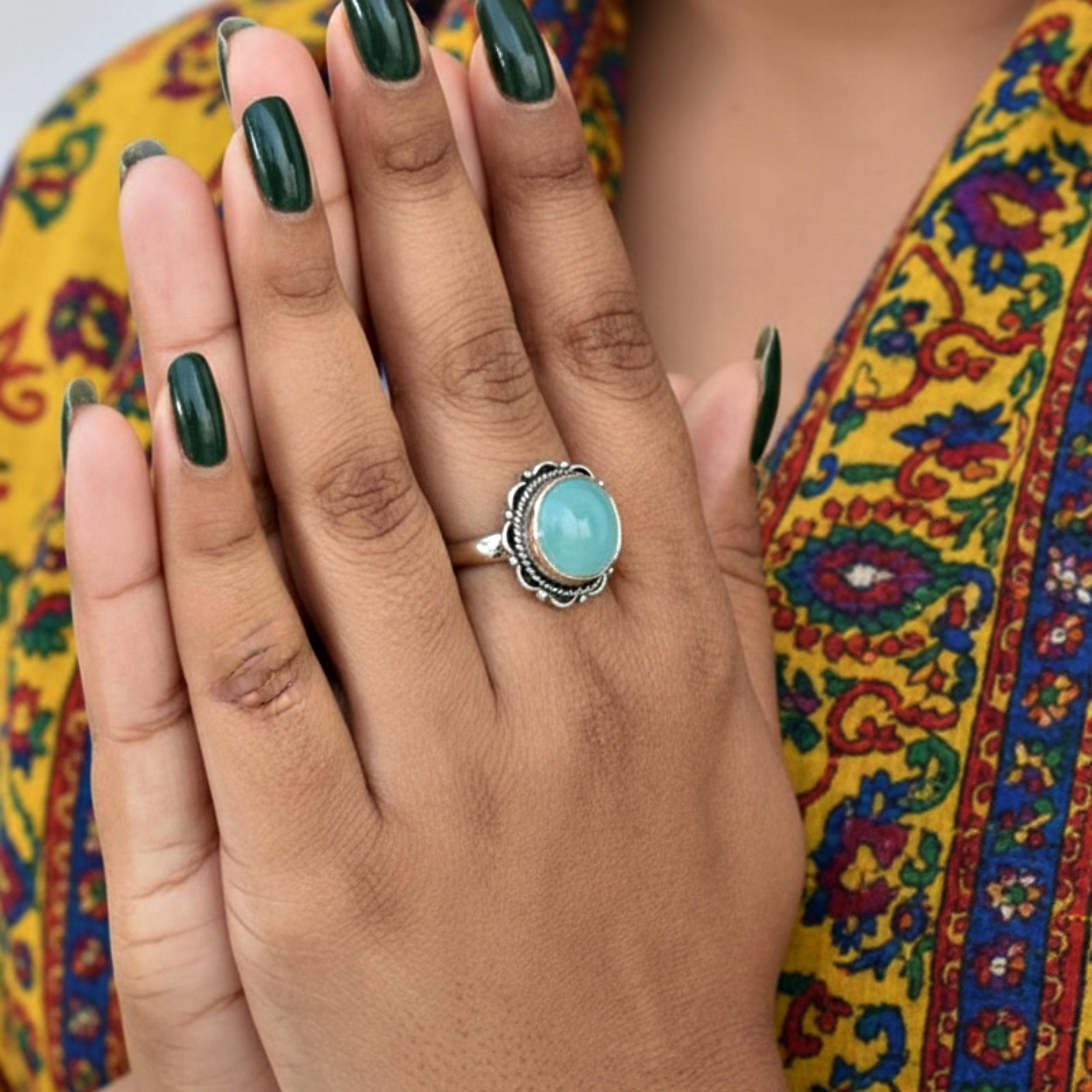 

Aqua Chalcedony Floral Design Ring, 925 Sterling Silver, Round Gemstone Ring, Boho Jewelry 6 серебряный