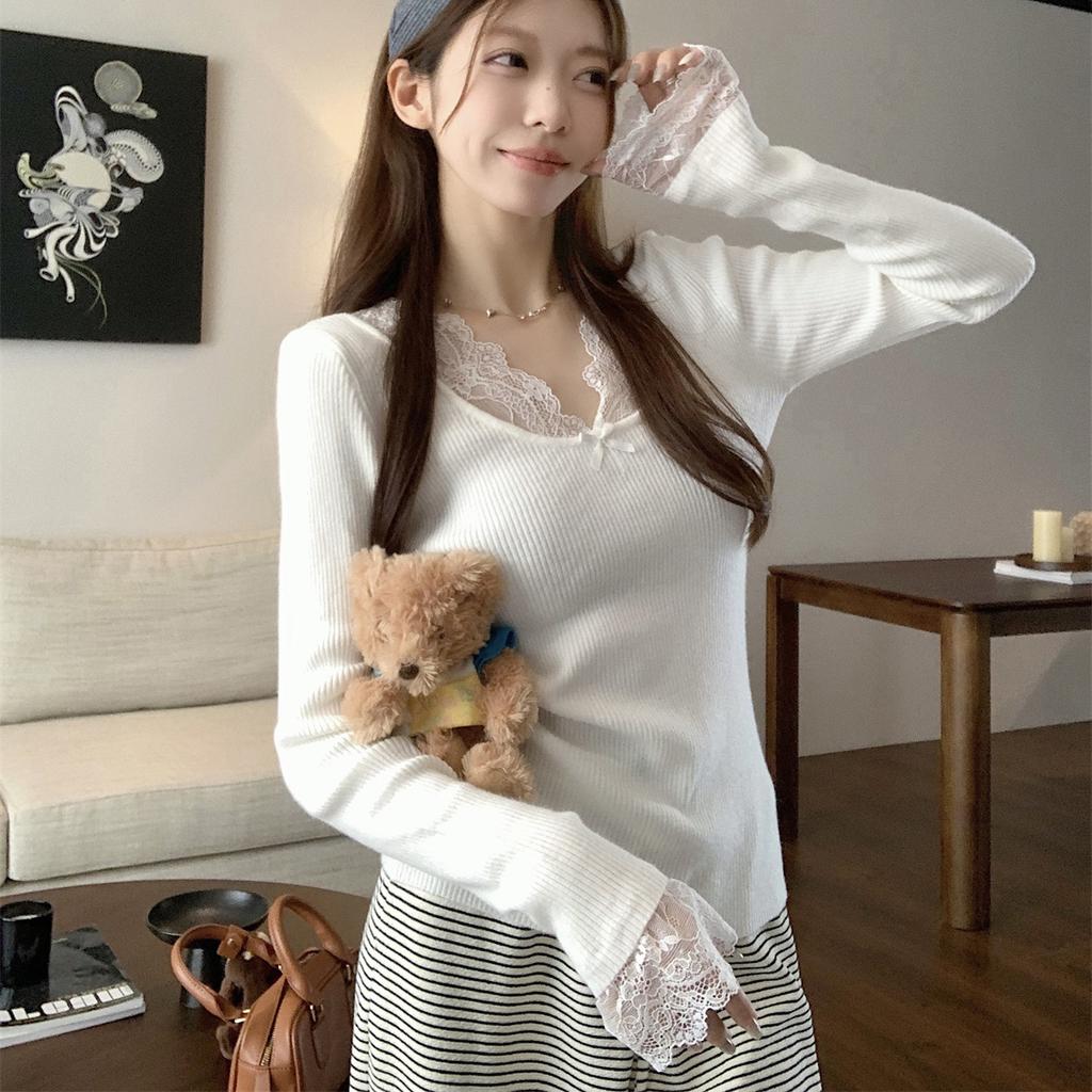 Sexy Spice Girl Neck Lace Splicing Knitted Bottom Shirt Women's Spring Slim Skinny Pit Sweater with Top