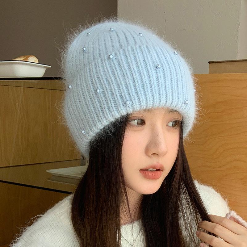Neuer Perlen-Kaninchenhaar-Strickhut Damen Winter Outdoor Warm Mode Ohrenschützer Wollmütze