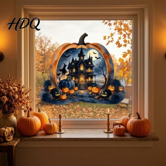 Outdoor Balcony Window Stickers Halloween Pumpkin Haunted House Static Stickers Waterproof PVC Castle Easy Application Decals Decals Removable