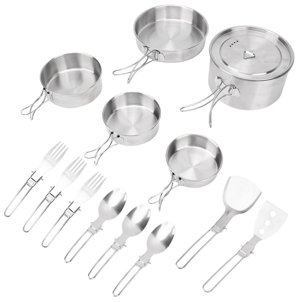 Stainless Steel Camping Cookware Set Foldable Handle Portable Cookware Lightweight Cookware Set For 3 People