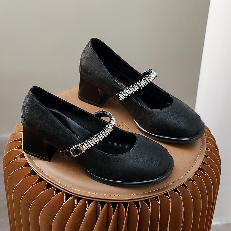 Crystal Flower Women High Heels Shoes 2025 New Trends Shallow Chunky Mary Janes Shoes Autumn Elegant Fashion Dress Pumps Zapatos