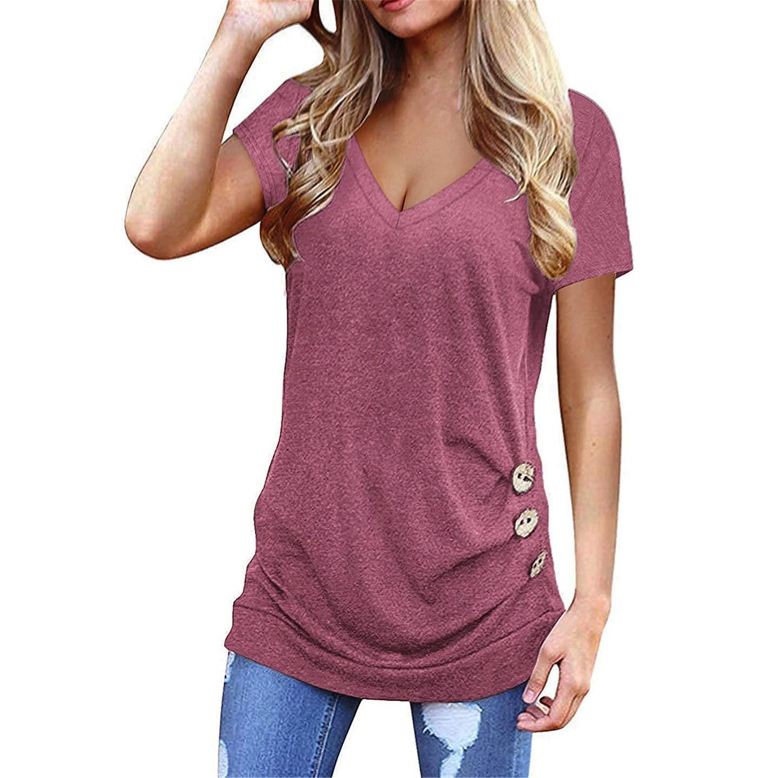 

Женская однотонная футболка с короткими рукавами и v-образным вырезом, украшенная пуговицами XL арбуз красный