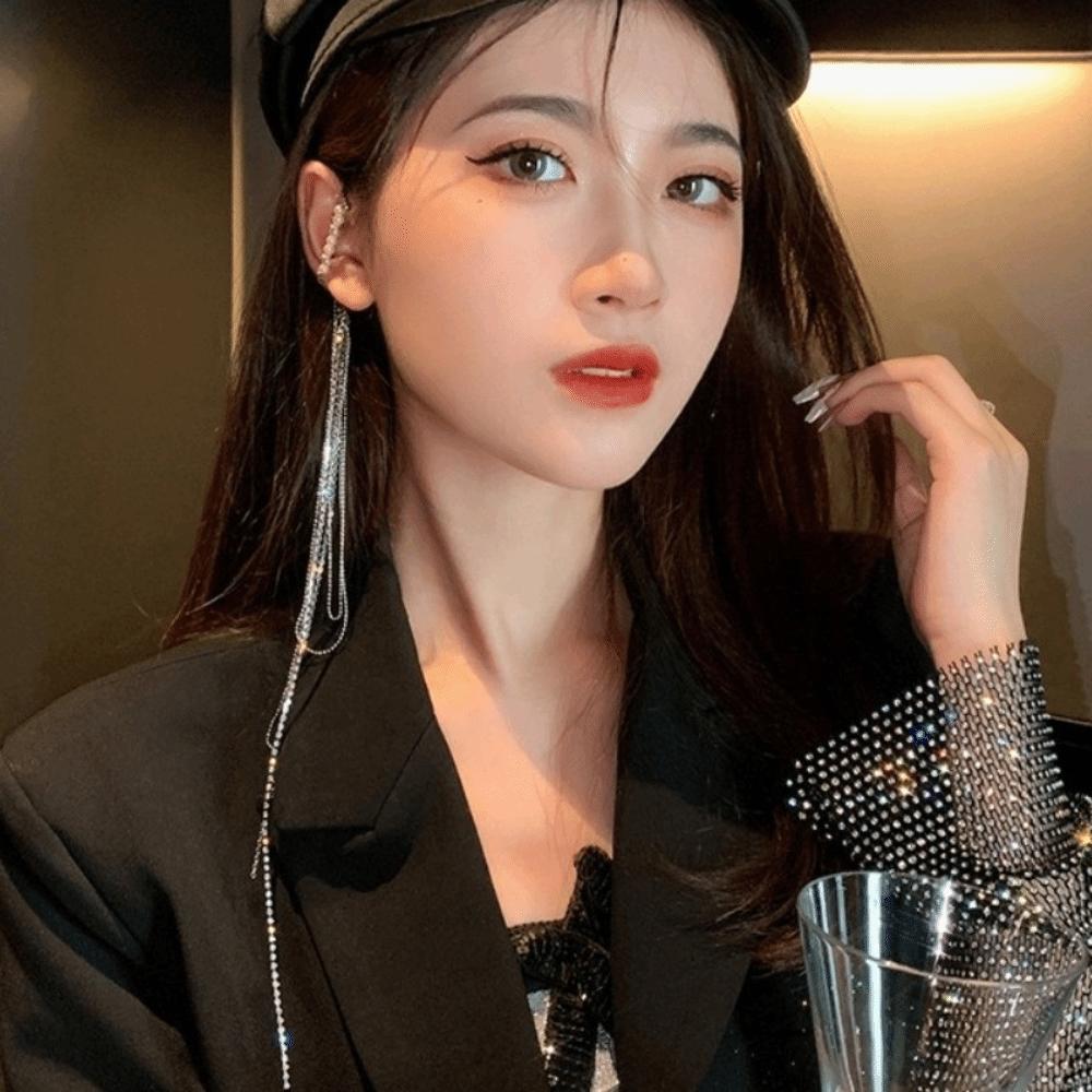 Exaggerated Long Fringed Ear Clips Tassel Fake Cartilage Earrings Evening Gala