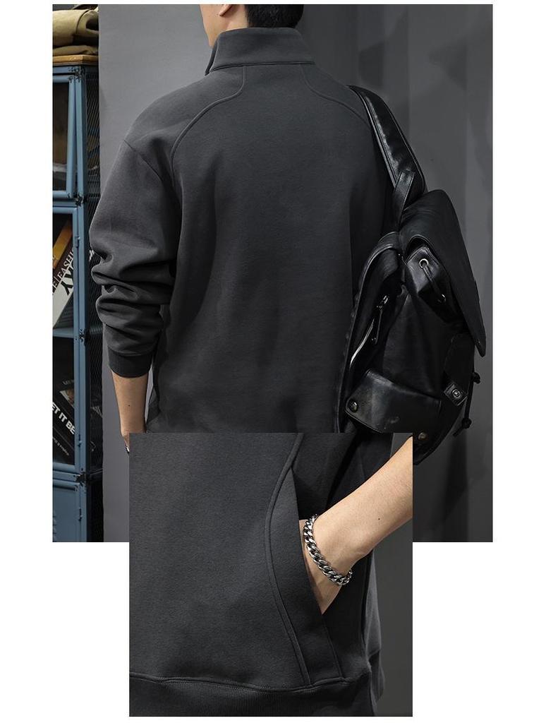 Heren Herfst Retro Geborduurde Zware Half-Ritssluiting Losse Pasvorm Opstaande Kraag Hoodie Pullover