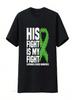 Wounisex His Fight My Green Ribbon Lymphoma Cancer Awareness T Shirt Black Vintage Washed Stylish Versatile Breathable Fashion