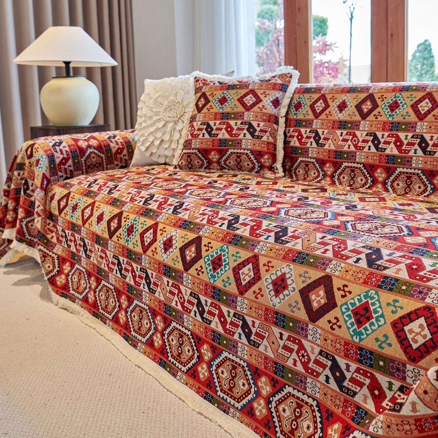Einteiliger Sofaschutz Amerikanische Baumwollmischung und Leinenstoff Verdickt Böhmischer Stil Vollumwickelndes Stück Katzenfest Krallenfest Möbel 90X90CM